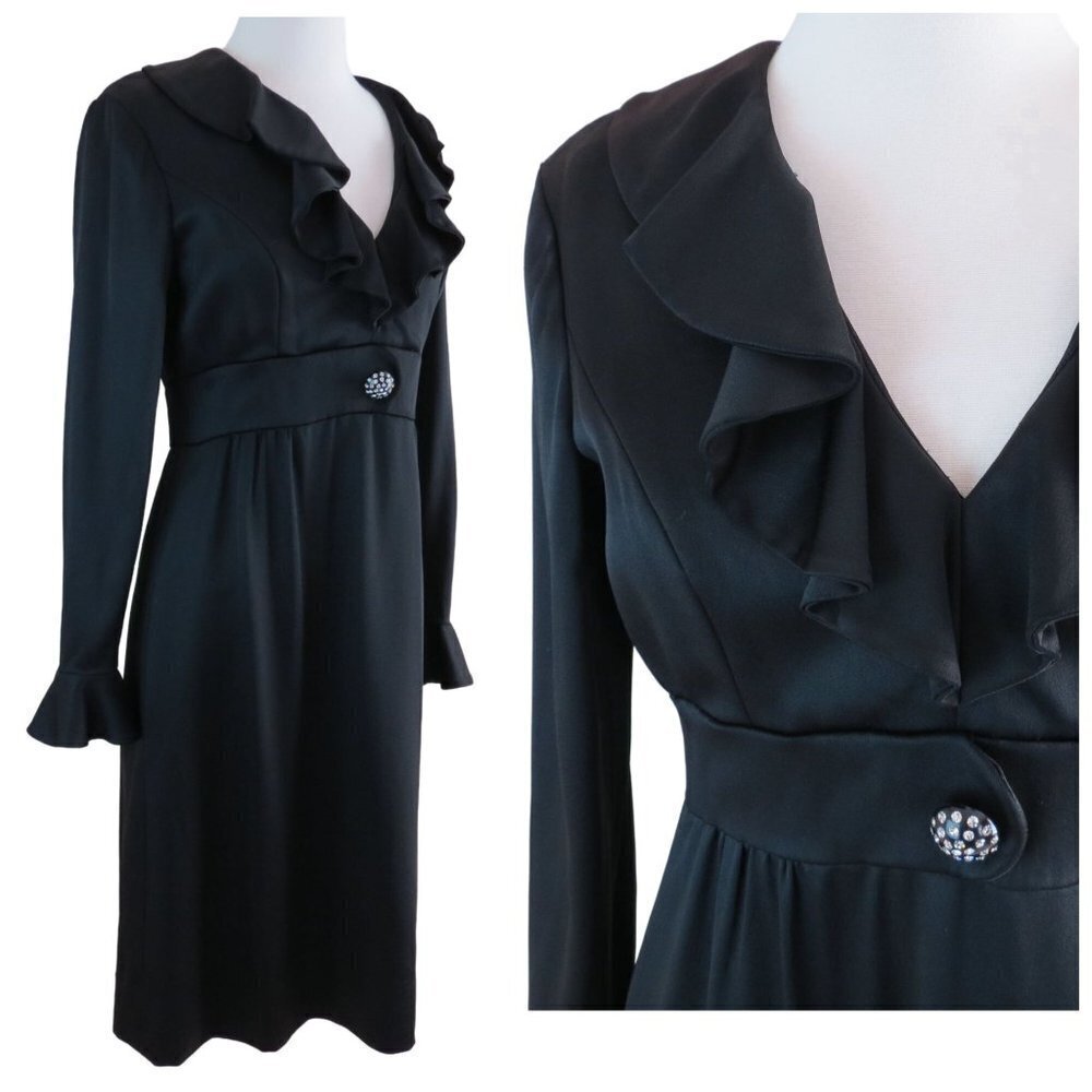 VINTAGE 60s 70s Women's Mod Black Satin Cocktail Dress w/ Ruffle Collar & Cuffs